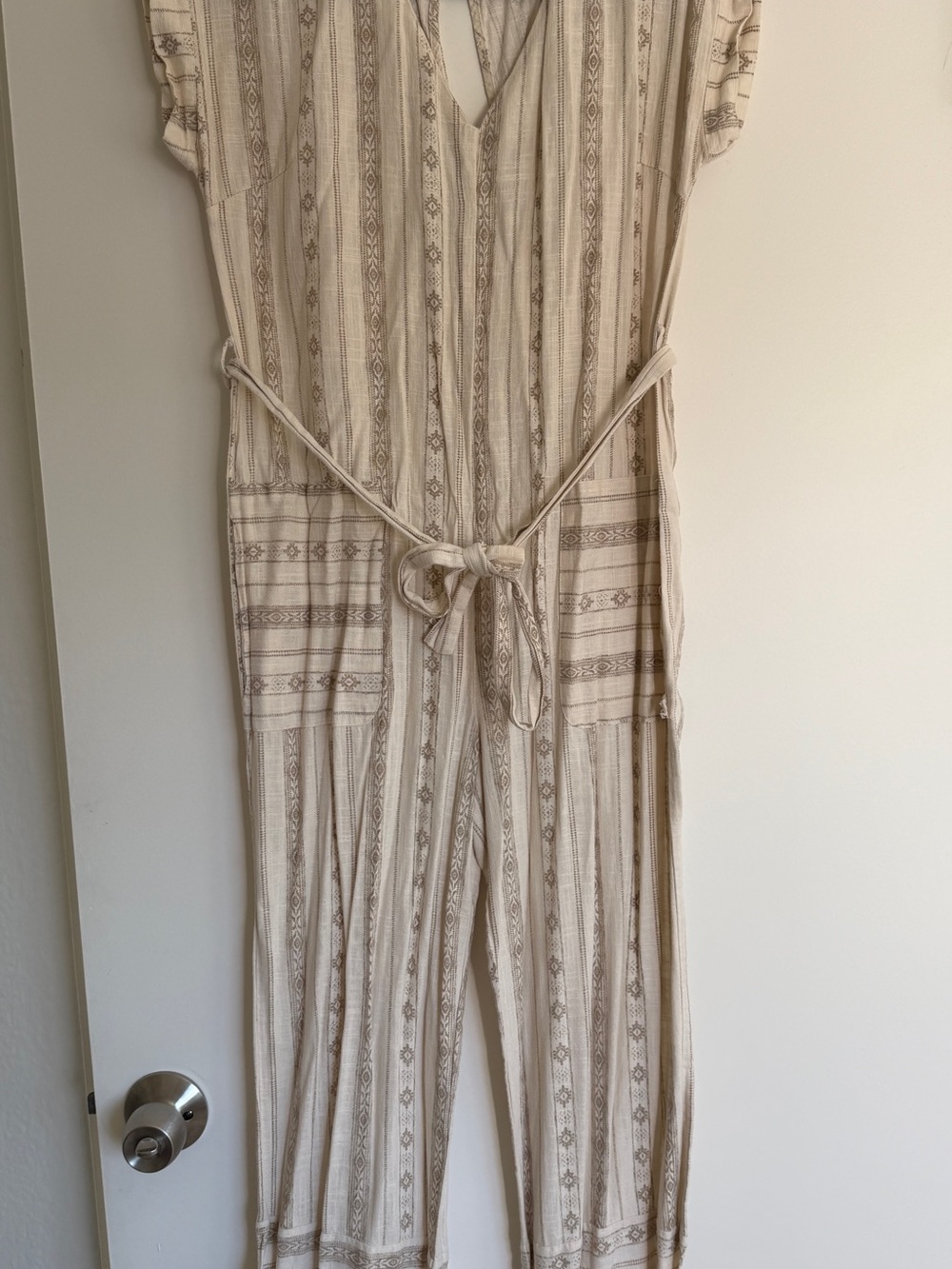 Monteau Cream and Tan Striped Short-Sleeve Jumpsuit with Waist Tie